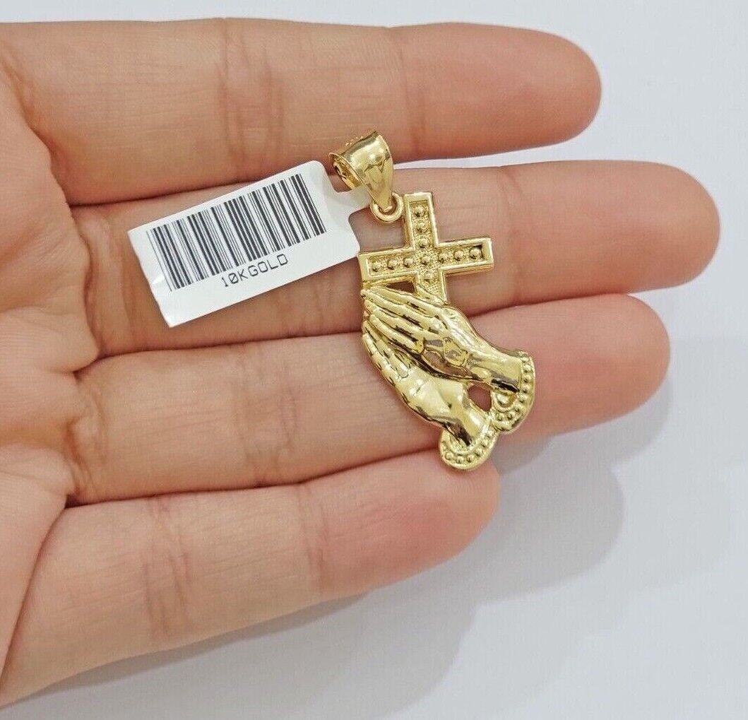 10k Gold Rope Chain Praying Hand Charm Pendant Set 18 - 28''Inch 3mm Necklace REAL - GoldenlinQ